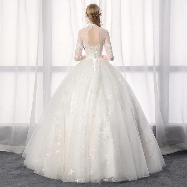 Chinese style Ivory Wedding Dresses 2019 A-Line / Princess High Neck Lace Flower Sequins 1/2 Sleeves Backless Floor-Length / Long