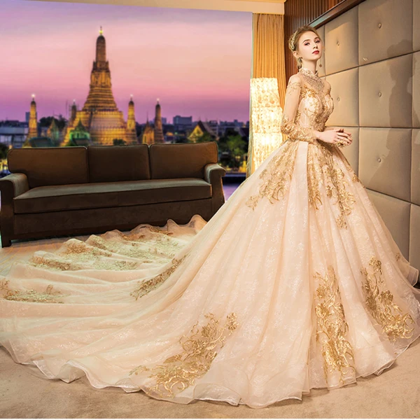Luxury / Gorgeous Gold 2019 Wedding Dresses A-Line / Princess Scoop Neck Beading Crystal Lace Flower Sequins Long Sleeve Backless Royal Train