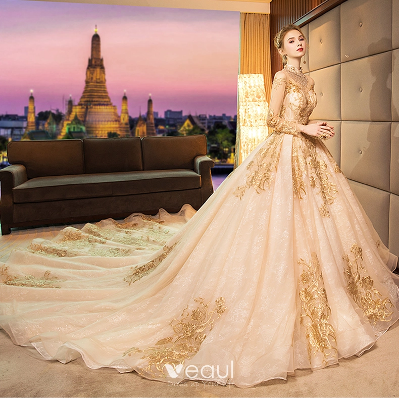 Luxury / Gorgeous Gold 2019 Wedding Dresses A-Line / Princess Scoop Neck Beading Crystal Lace Flower Sequins Long Sleeve Backless Royal Train