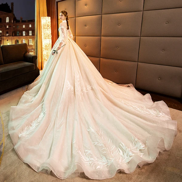 Luxus / Herrlich Champagner Brautkleider / Hochzeitskleider 2019 A Linie Stehkragen Spitze Blumen Lange Ärmel Rückenfreies Königliche Schleppe