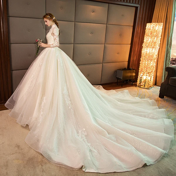 Elegant Champagne Wedding Dresses 2019 A-Line / Princess High Neck Lace Flower 3/4 Sleeve Backless Royal Train