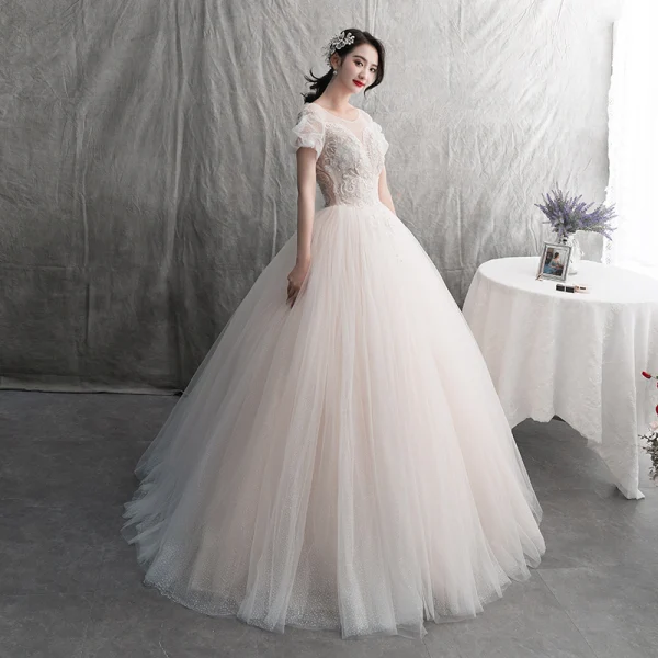Modern / Fashion Champagne Wedding Dresses 2019 A-Line / Princess Pleated Scoop Neck Glitter Spotted Tulle Lace Flower Short Sleeve Backless Floor-Length / Long