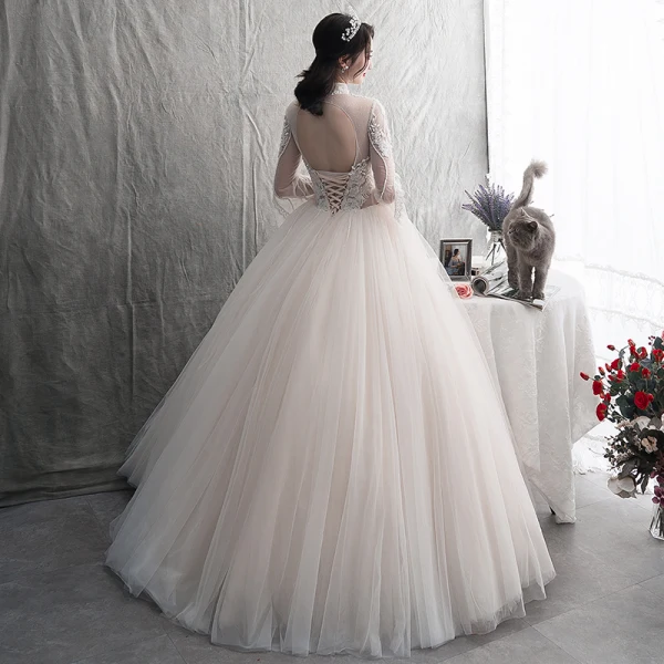 Élégant Champagne Robe De Mariée 2019 Princesse Encolure Dégagée En Dentelle Fleur Dos Nu Manches Longues Plissée Longue Mariage