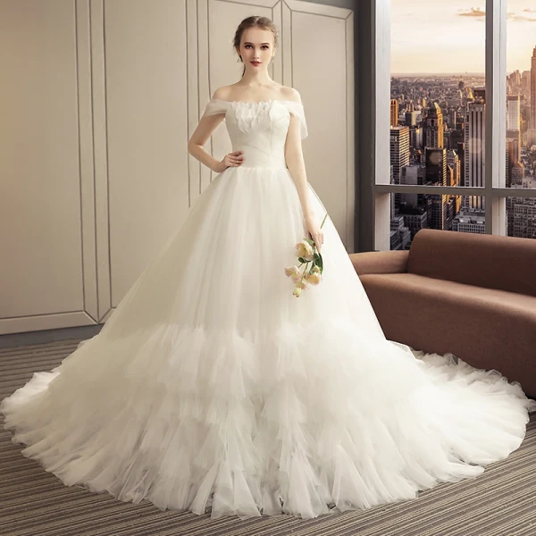 Elegant Ivory Wedding Dresses 2019 A-Line / Princess Sleeveless Leaf Appliques Off-The-Shoulder Backless Ruffle Cathedral Train Wedding