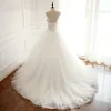 Elegant White Puffy Wedding Dresses 2018 Ball Gown Lace Appliques Sweetheart Backless Sleeveless Cathedral Train Wedding
