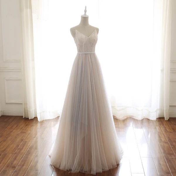 Modern / Fashion Champagne Prom Dresses 2019 A-Line / Princess Spaghetti Straps V-Neck Beading Sequins Sleeveless Backless Bow Floor-Length / Long Formal Dresses