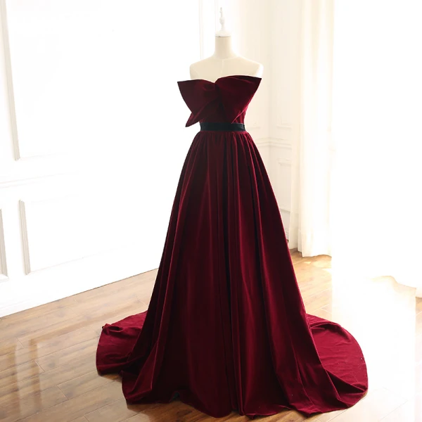 Chic / Beautiful Burgundy Evening Dresses 2019 A-Line / Princess Suede Strapless Bow Sleeveless Backless Court Train Formal Dresses