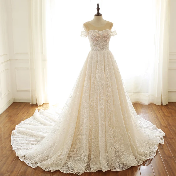 Luxury / Gorgeous Champagne Wedding Dresses 2019 A-Line / Princess Scoop Neck Beading Sequins Lace Flower Short Sleeve Backless Chapel Train