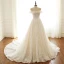 Luxury / Gorgeous Champagne Wedding Dresses 2019 A-Line / Princess Scoop Neck Beading Sequins Lace Flower Short Sleeve Backless Chapel Train