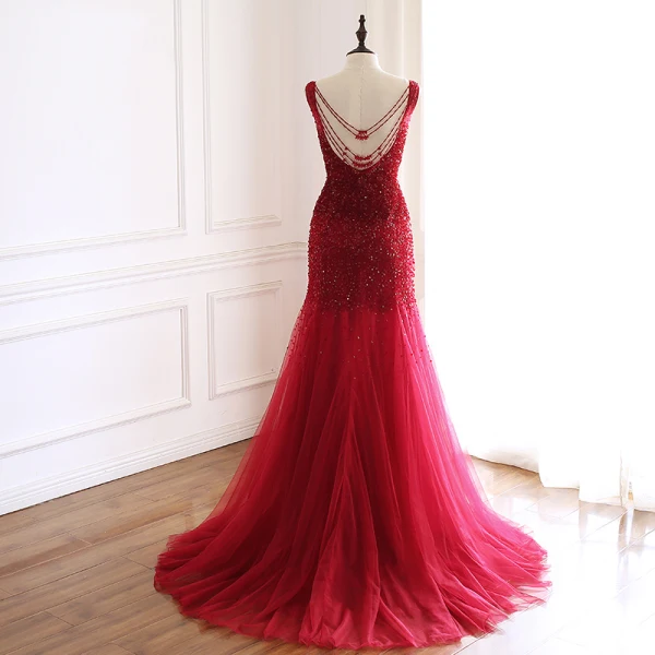 Luxury / Gorgeous Burgundy Handmade  Beading Evening Dresses  2019 Trumpet / Mermaid Scoop Neck Sequins Crystal Sleeveless Backless Court Train Formal Dresses