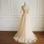 Chic / Belle Champagne Robe De Soirée 2019 Princesse V-Cou Perlage Perle Faux Diamant Manches de cloche Dos Nu Train De Balayage Robe De Ceremonie