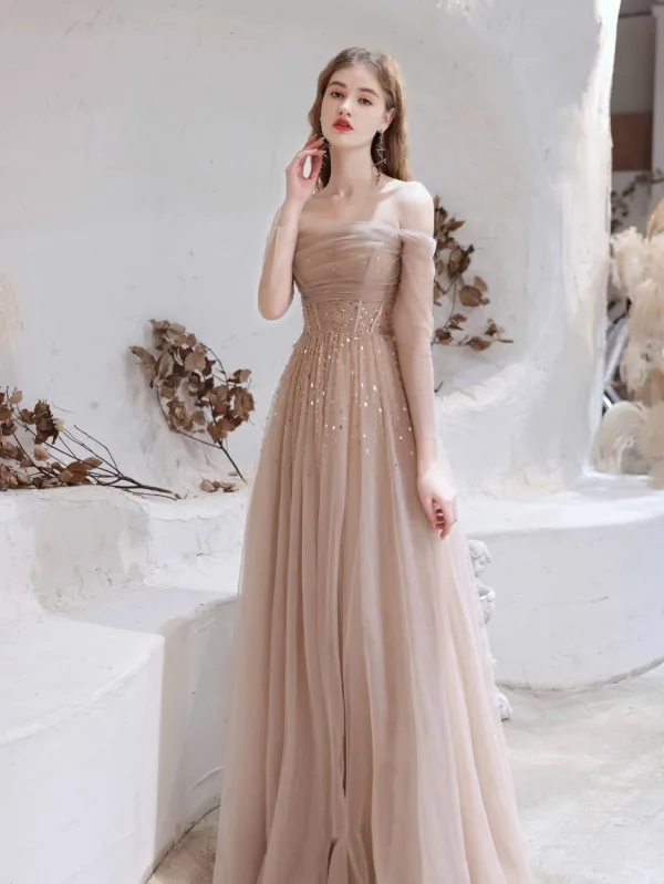 Charmant Rougissant Rose Robe De Soirée 2021 Princesse De l'épaule Perlage Étoile Paillettes 3/4 Manches Dos Nu Longue Robe De Ceremonie