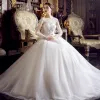 Classy Ivory Wedding Dresses 2019 A-Line / Princess Scoop Neck Pearl Sequins Lace Flower Long Sleeve Backless Bow Sash Floor-Length / Long