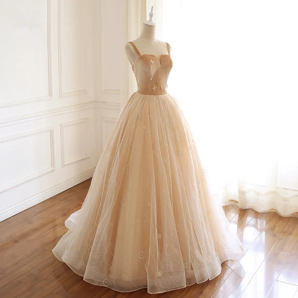 Luxury / Gorgeous Gold Prom Dresses 2019 A-Line / Princess Suede Spaghetti Straps Beading Sleeveless Backless Floor-Length / Long Formal Dresses
