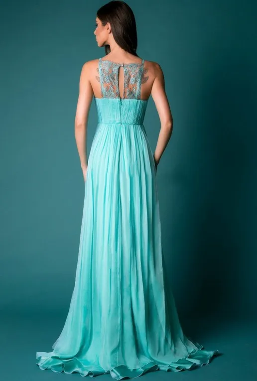 Chic / Belle Bleu Robes longues 2019 Princesse En Dentelle Encolure Dégagée Sans Manches Dos Nu Fendue devant Longue Vêtements Femme