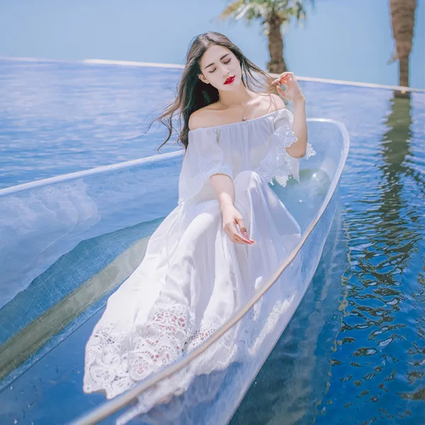 Modest / Simple White Honeymoon Maxi Dresses 2019 A-Line / Princess Off-The-Shoulder Lace Pleated Short Sleeve Floor-Length / Long Womens Clothing