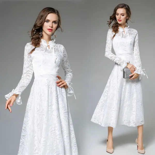 Simple Ivoire Désinvolte Robes longues 2019 Princesse Encolure Dégagée Volants Manches Longues Thé Longueur Vêtements Femme