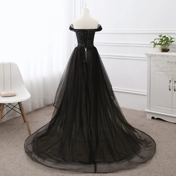 Elegant Black Prom Dresses 2019 A-Line / Princess Off-The-Shoulder Short Sleeve Backless Bow Court Train Formal Dresses