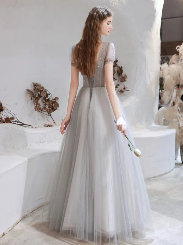 Fashion Grey Evening Dresses  2021 A-Line / Princess V-Neck Beading Rhinestone Sequins Short Sleeve Backless Floor-Length / Long Formal Dresses