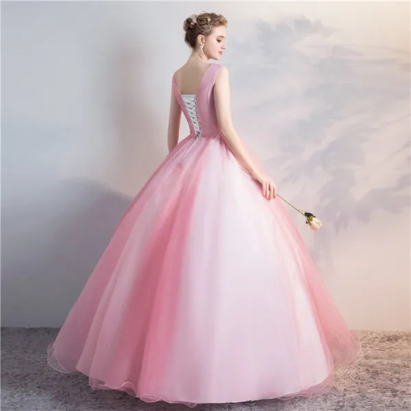 Elegant Candy Pink Quinceañera Prom Dresses 2018 Ball Gown Appliques Pearl Scoop Neck Backless Sleeveless Floor-Length / Long Formal Dresses