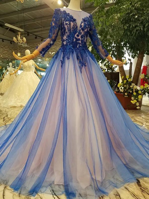 Chic / Beautiful Royal Blue Evening Dresses 2019 A-Line / Princess Scoop Neck Lace Flower Appliques Beading Crystal 3/4 Sleeve Chapel Train Formal Dresses