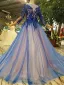 Chic / Beautiful Royal Blue Evening Dresses  2019 A-Line / Princess Scoop Neck Lace Flower Appliques Beading Crystal 3/4 Sleeve Chapel Train Formal Dresses