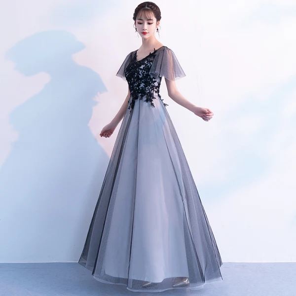 Chic / Beautiful Black Evening Dresses  2019 A-Line / Princess V-Neck Lace Flower Short Sleeve Backless Floor-Length / Long Formal Dresses