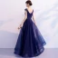 Elegant Navy Blue Evening Dresses  2019 A-Line / Princess V-Neck Beading Flower Lace Bow Sleeveless Backless Floor-Length / Long Formal Dresses