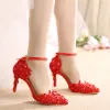 Chic / Beautiful White Wedding Shoes 2019 Crystal Lace Flower Ankle Strap 8 cm Stiletto Heels Pointed Toe Wedding High Heels