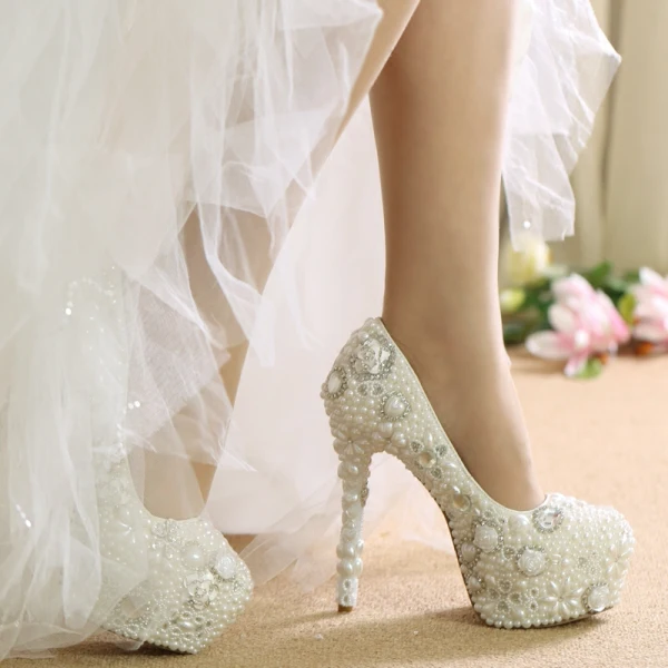 Classy Ivory Womens Shoes 2019 Crystal Pearl Rhinestone Flower 14 cm Stiletto Heels Round Toe Wedding Pumps