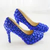 Charming Royal Blue Evening Party Crystal Pumps 2019 14 cm Stiletto Heels Round Toe Pumps