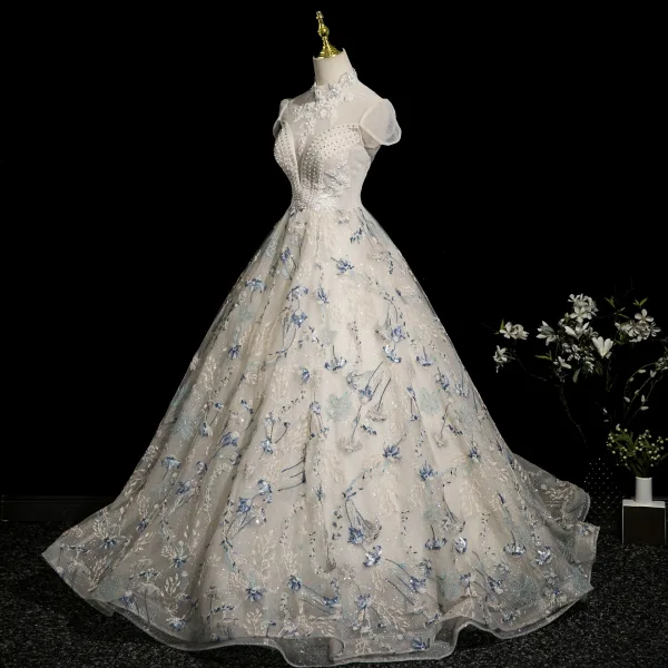 Demure Ivory Beading Pearl Rhinestone Lace Flower Prom Dresses 2025 Ball Gown High Neck Cap Sleeves Backless Floor-Length / Long Formal Dresses