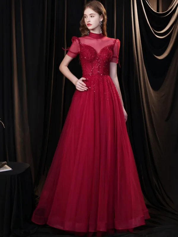 Élégant Bordeaux Robe De Soirée 2021 Princesse Col Haut Perlage Paillettes Manches Courtes Dos Nu Longue Robe De Ceremonie