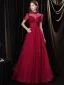 Élégant Bordeaux Robe De Soirée 2021 Princesse Col Haut Perlage Paillettes Manches Courtes Dos Nu Longue Robe De Ceremonie