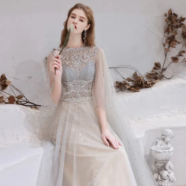 Charming High-end Grey Evening Dresses 2021 A-Line / Princess Scoop Neck Beading Rhinestone Sequins Sleeveless Floor-Length / Long Evening Party Formal Dresses