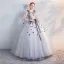 Chic / Beautiful Grey Quinceañera Prom Dresses 2018 Ball Gown Lace Appliques Bow V-Neck Backless Sleeveless Floor-Length / Long Formal Dresses