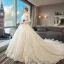 Luxury / Gorgeous Beige Wedding Dresses 2019 A-Line / Princess Scoop Neck Beading Pearl Sequins Lace Flower Long Sleeve Backless Royal Train