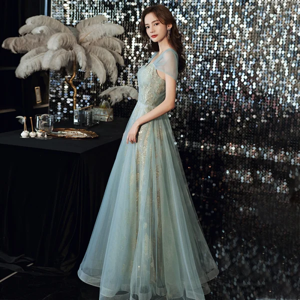 Fashion Green Evening Dresses  2021 A-Line / Princess Square Neckline Sequins Lace Flower Sleeveless Backless Floor-Length / Long Evening Party Formal Dresses