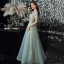 Fashion Green Evening Dresses  2021 A-Line / Princess Square Neckline Sequins Lace Flower Sleeveless Backless Floor-Length / Long Evening Party Formal Dresses