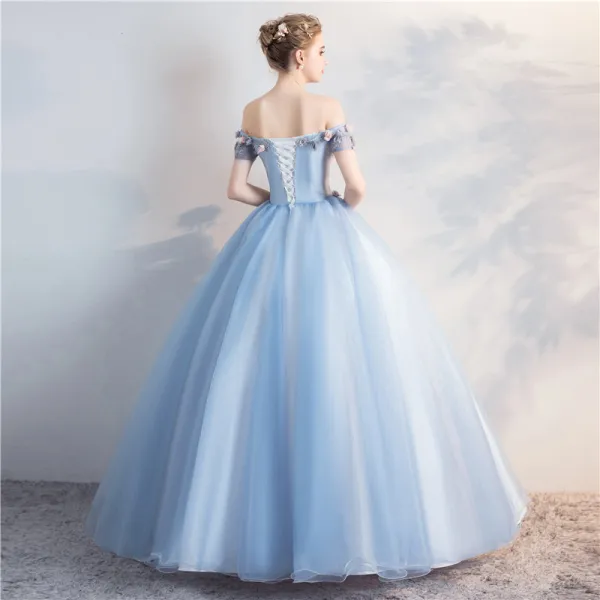 Chic / Beautiful Sky Blue Quinceañera Prom Dresses 2018 Ball Gown Appliques Pearl Off-The-Shoulder Backless Short Sleeve Floor-Length / Long Formal Dresses