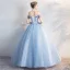 Chic / Beautiful Sky Blue Quinceañera Prom Dresses 2018 Ball Gown Appliques Pearl Off-The-Shoulder Backless Short Sleeve Floor-Length / Long Formal Dresses