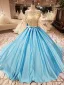 Sparkly Vintage / Retro Grey Handmade  Beading Prom Dresses 2019 Ball Gown Scoop Neck Crystal Pearl Sequins Short Sleeve Backless Bow Cathedral Train Formal Dresses