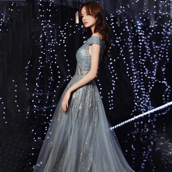 Charmant Océan Bleu Robe De Soirée 2021 Princesse De l'épaule Glitter Paillettes Sans Manches Dos Nu Longue Soirée Robe De Ceremonie