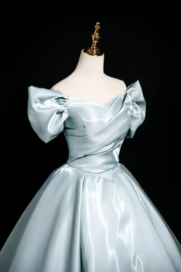Chic / Beautiful Sky Blue Prom Dresses 2025 Ball Gown Off-The-Shoulder Short Sleeve Backless Floor-Length / Long Prom Formal Dresses