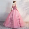 Chic / Beautiful Candy Pink Quinceañera Prom Dresses 2018 Ball Gown Lace Flower Pearl V-Neck Backless Sleeveless Floor-Length / Long Formal Dresses