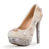 Chic / Beautiful White Wedding Shoes 2019 Crystal Pearl Rhinestone 14 cm Stiletto Heels Round Toe Wedding Pumps