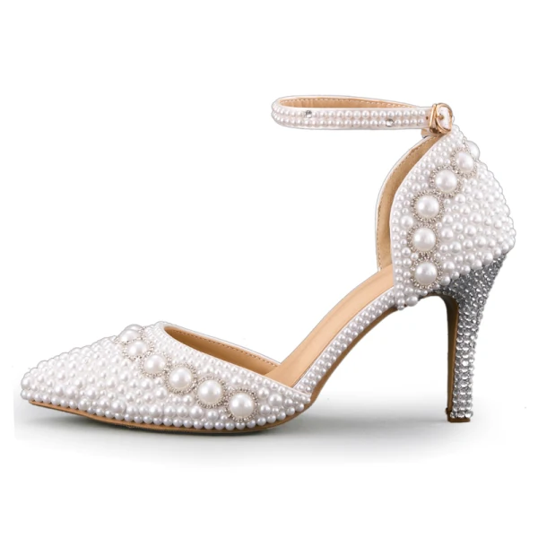 Chic / Beautiful White Wedding Shoes 2019 Pearl Ankle Strap Rhinestone 8 cm Stiletto Heels Pointed Toe Wedding High Heels