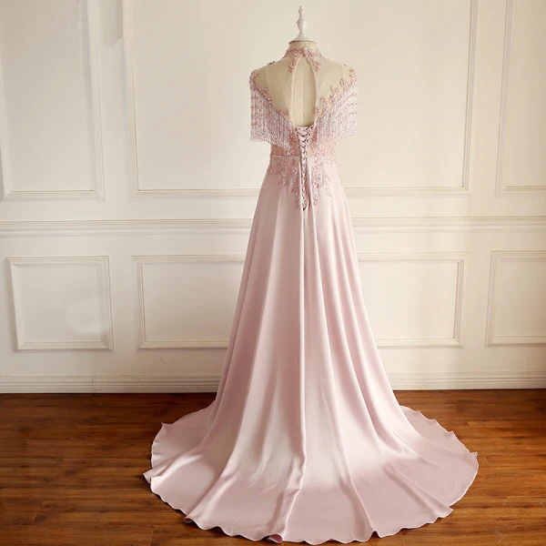 Luxury / Gorgeous Pearl Pink Evening Dresses 2018 A-Line / Princess Handmade Beading Tassel Crystal Sequins Appliques Scoop Neck Backless Short Sleeve Court Train Formal Dresses