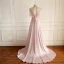 Luxury / Gorgeous Pearl Pink Evening Dresses  2018 A-Line / Princess Handmade  Beading Tassel Crystal Sequins Appliques Scoop Neck Backless Short Sleeve Court Train Formal Dresses
