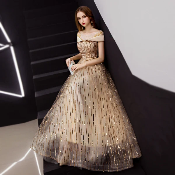 Modern / Fashion Gold Evening Dresses 2019 A-Line / Princess Scoop Neck Beading Sequins Short Sleeve Backless Metal Sash Floor-Length / Long Formal Dresses